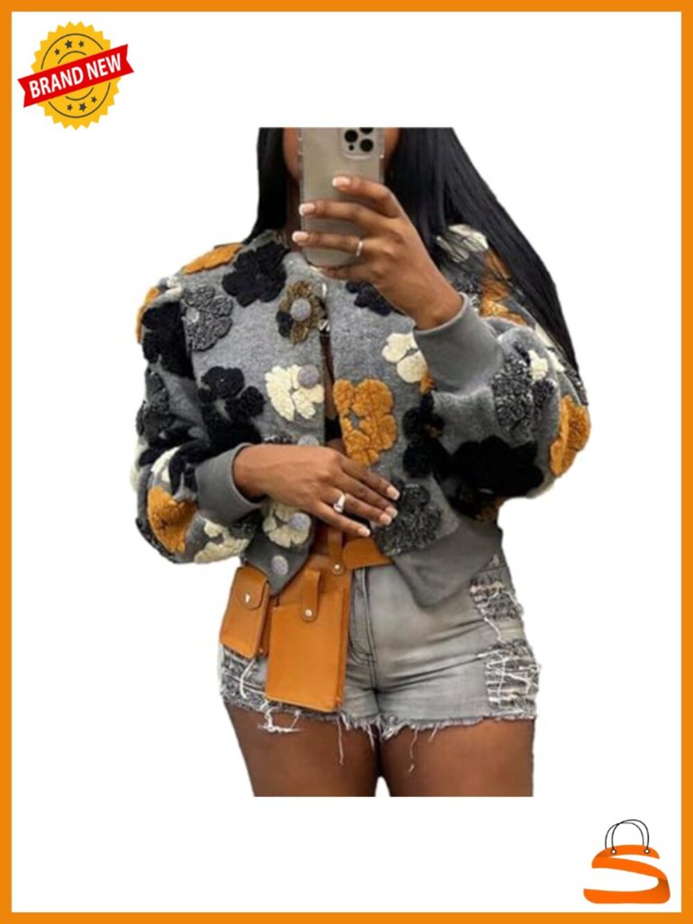Women's Cropped Sherpa Bomber Jacket Floral Print Button Coat